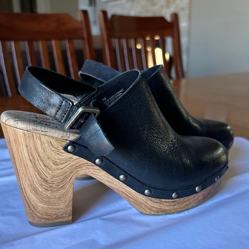 Kork-Ease Black Leather Studded Wood-Effect Clog Mules